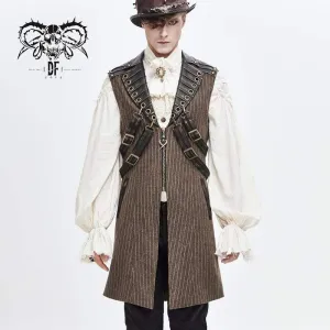 Men's Steampunk Faux Leather Shoulder Belts Stripes Long Waistcoats