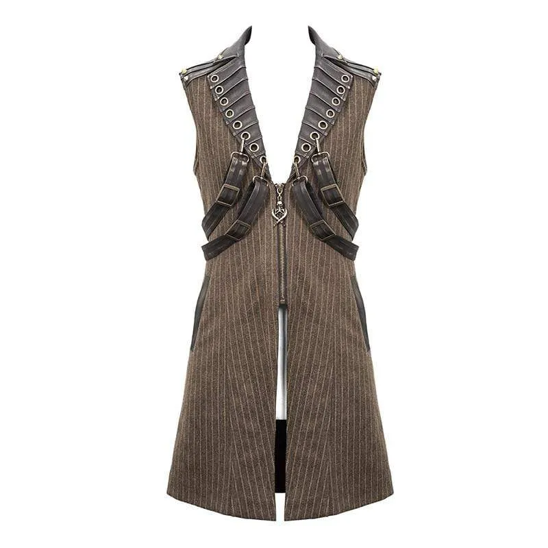 Men's Steampunk Faux Leather Shoulder Belts Stripes Long Waistcoats