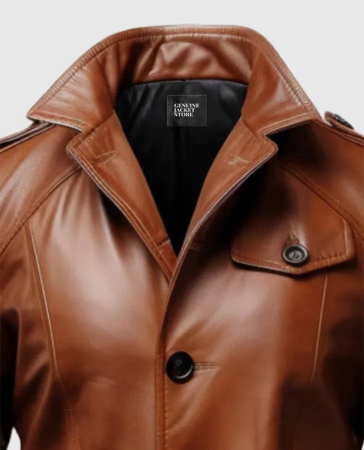 Men's Vintage Tan Brown Long Leather Coat