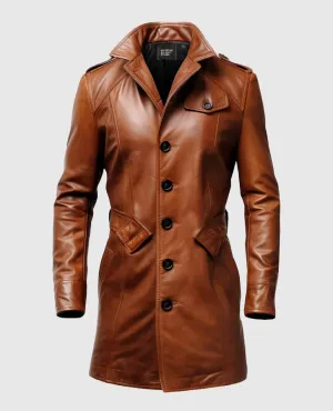 Men's Vintage Tan Brown Long Leather Coat