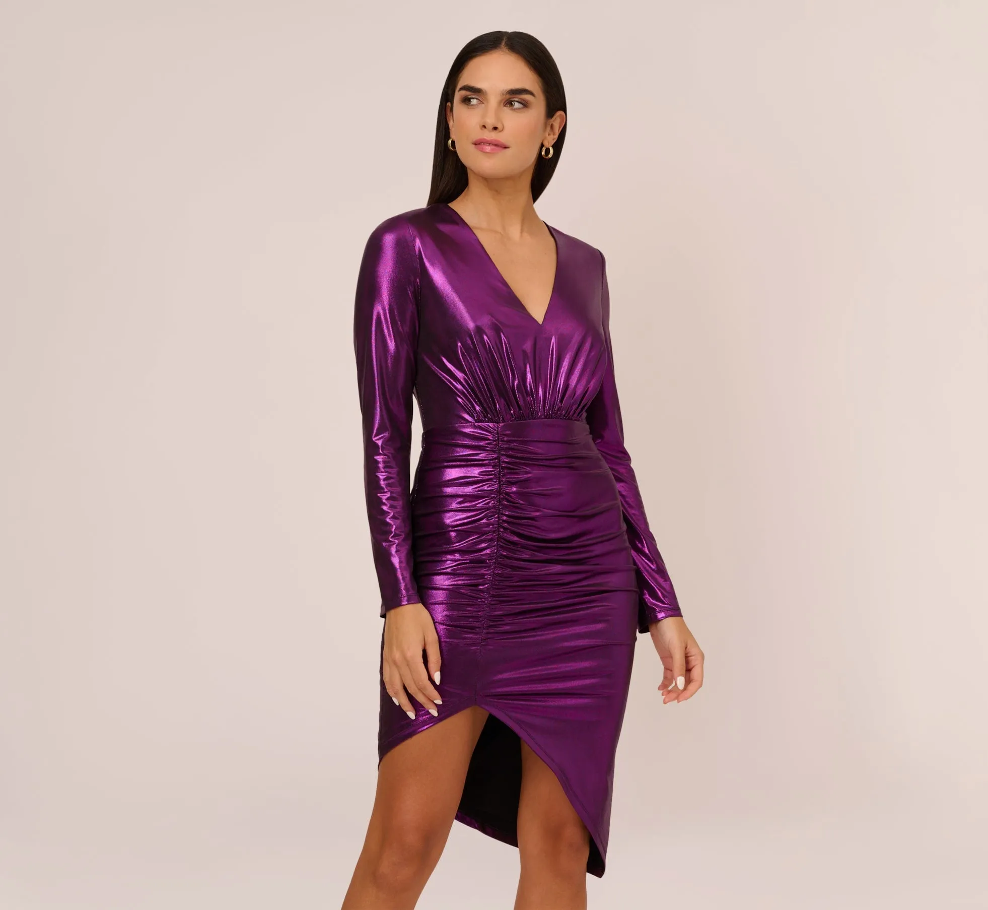 Metallic Knit Long Sleeve Asymmetrical Dress With Ruched Details In Wild Orchid