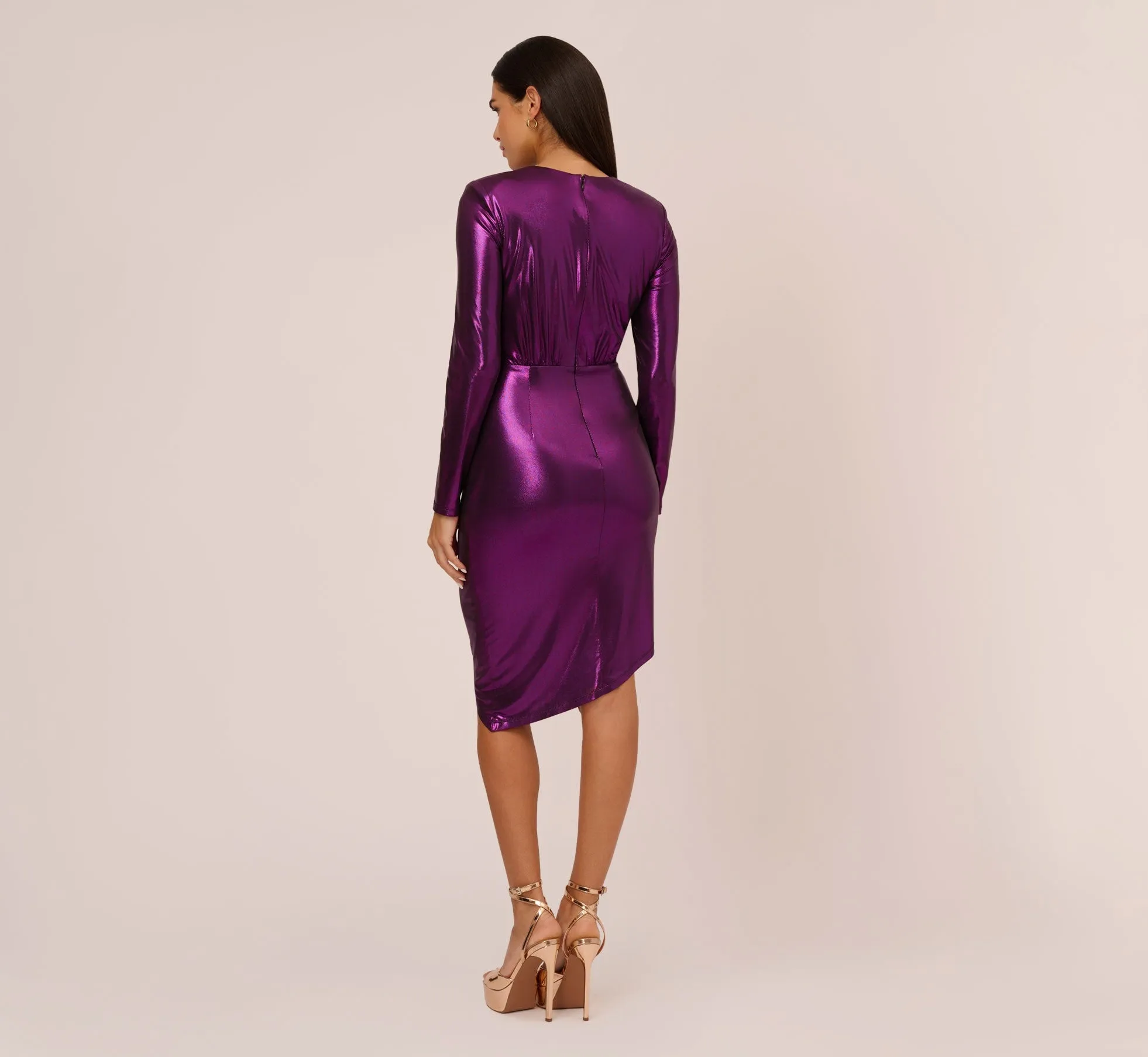 Metallic Knit Long Sleeve Asymmetrical Dress With Ruched Details In Wild Orchid