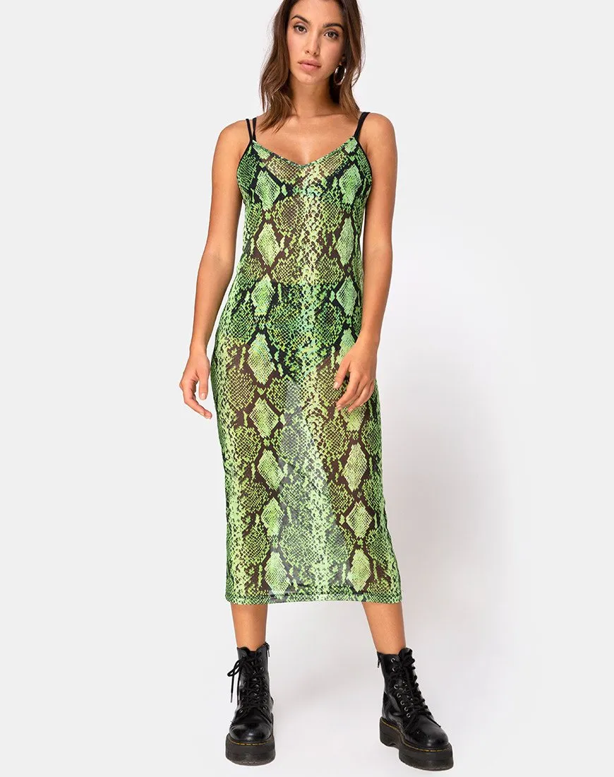 Midnight Midi Dress in Slime Lime Snake Mesh