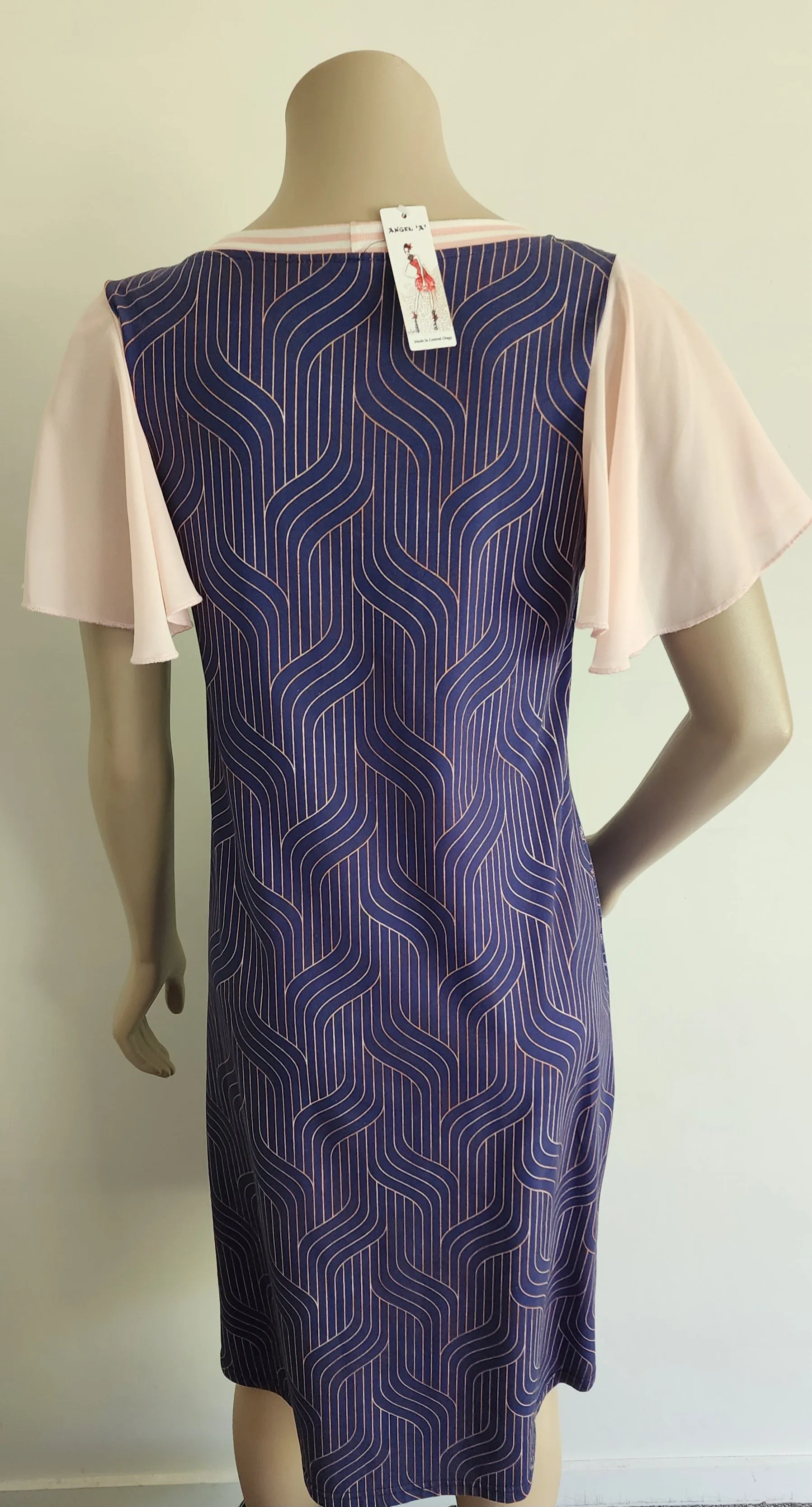 Navy Rose Gold Coloured Print Flutter Sleeve Dress