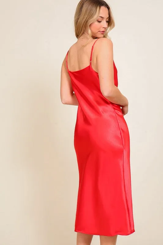 NEW SLEEVELESS COWL NECK SATIN MIDI DRESS (RED) | PRE-ORDER