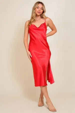 NEW SLEEVELESS COWL NECK SATIN MIDI DRESS (RED) | PRE-ORDER