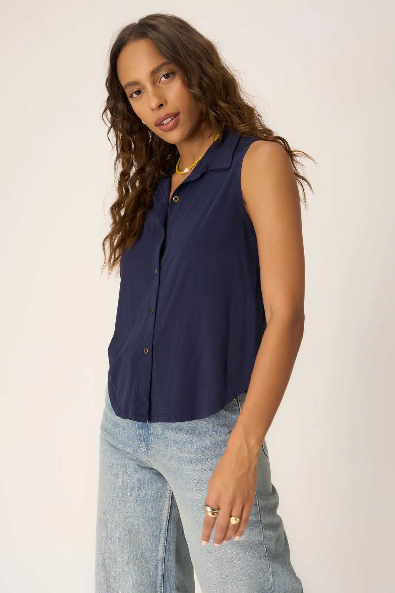 No Games Collared Button Front Tank - Navy Bliss