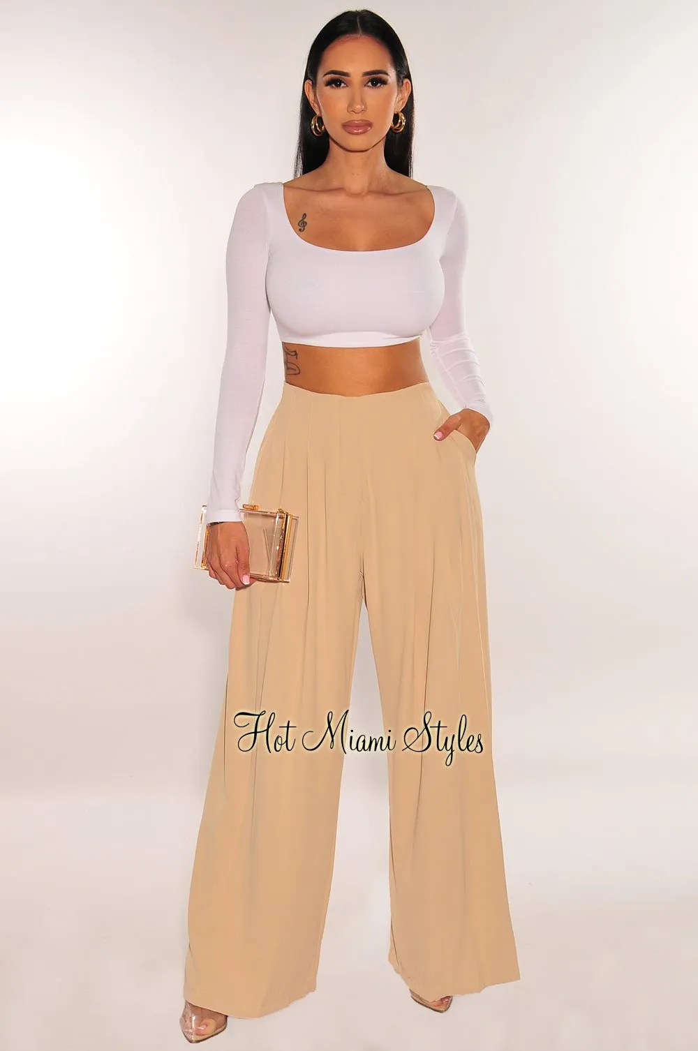 Nude High Waist Pleated Wide Leg Pants