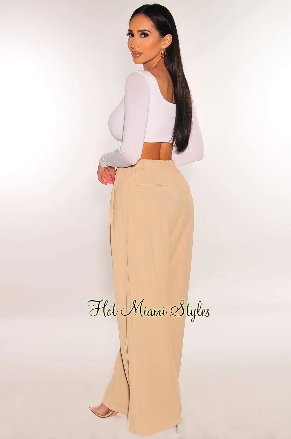 Nude High Waist Pleated Wide Leg Pants