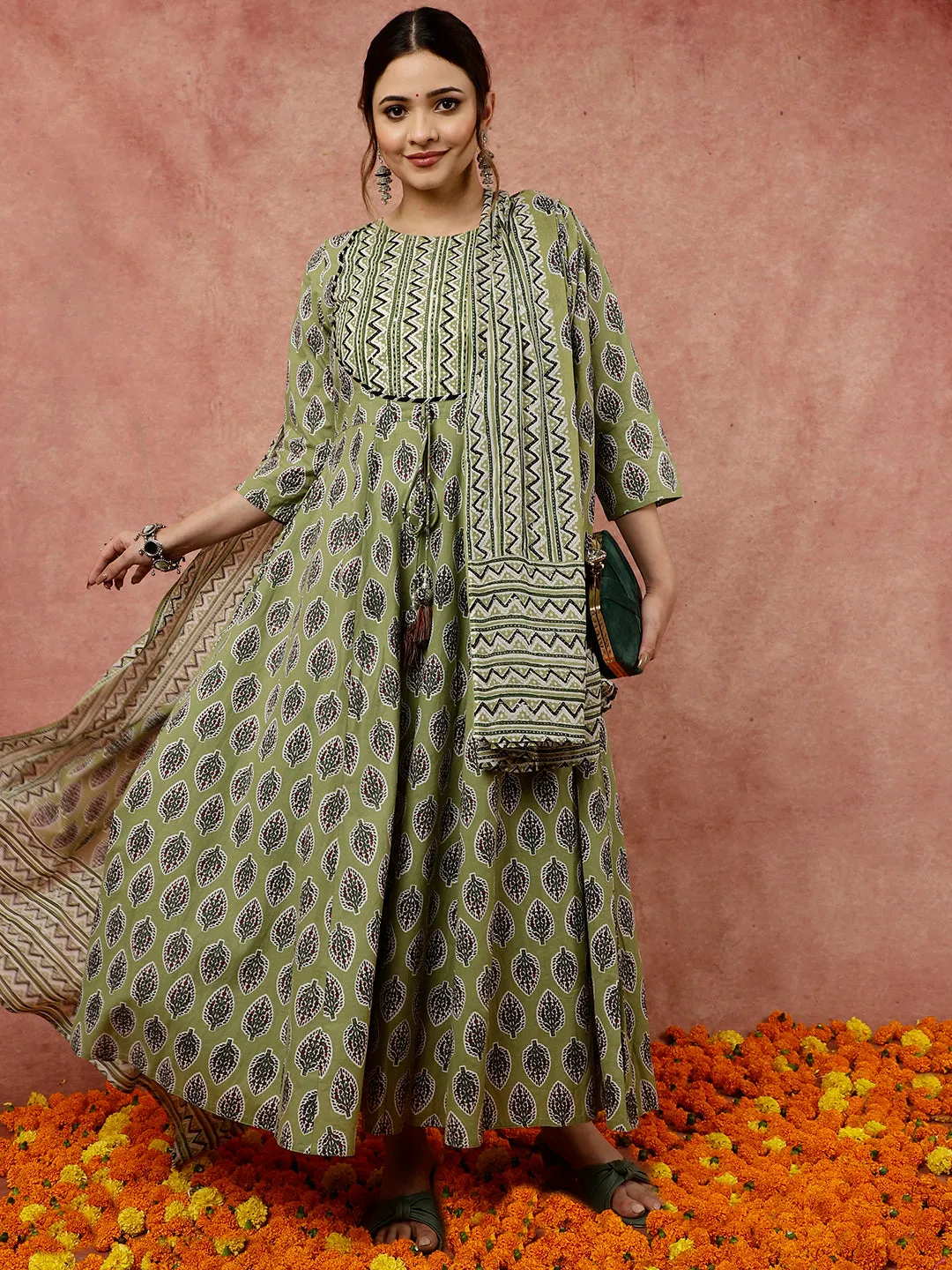 Olive Green Ethnic Printed Flared Kurta With Zig-Zag Printed Pants And Dupatta