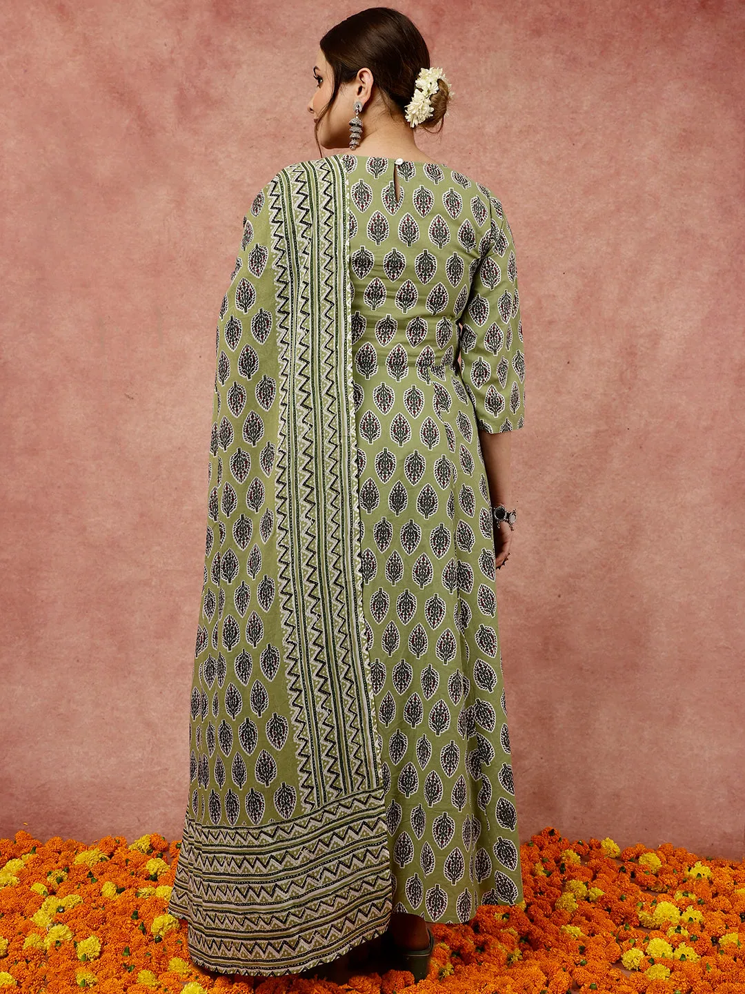 Olive Green Ethnic Printed Flared Kurta With Zig-Zag Printed Pants And Dupatta