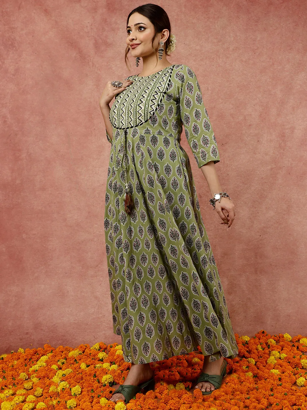 Olive Green Ethnic Printed Flared Kurta With Zig-Zag Printed Pants And Dupatta