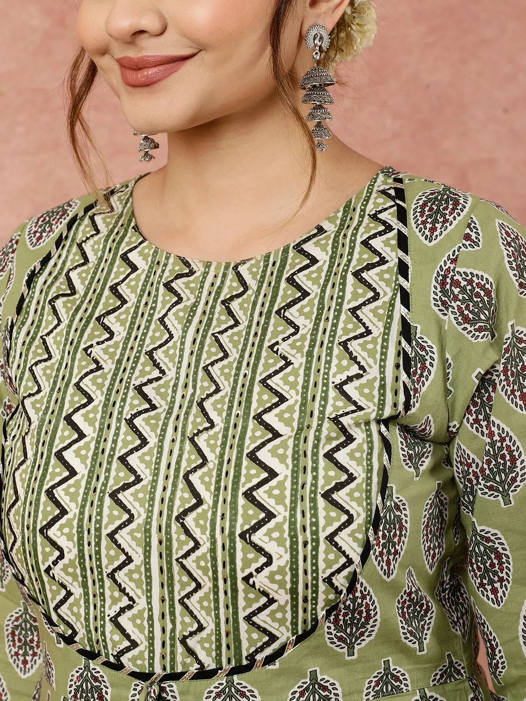 Olive Green Ethnic Printed Flared Kurta With Zig-Zag Printed Pants And Dupatta