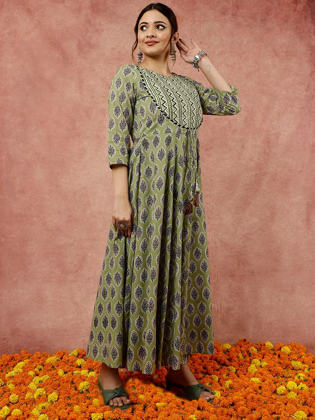 Olive Green Ethnic Printed Flared Kurta With Zig-Zag Printed Pants And Dupatta