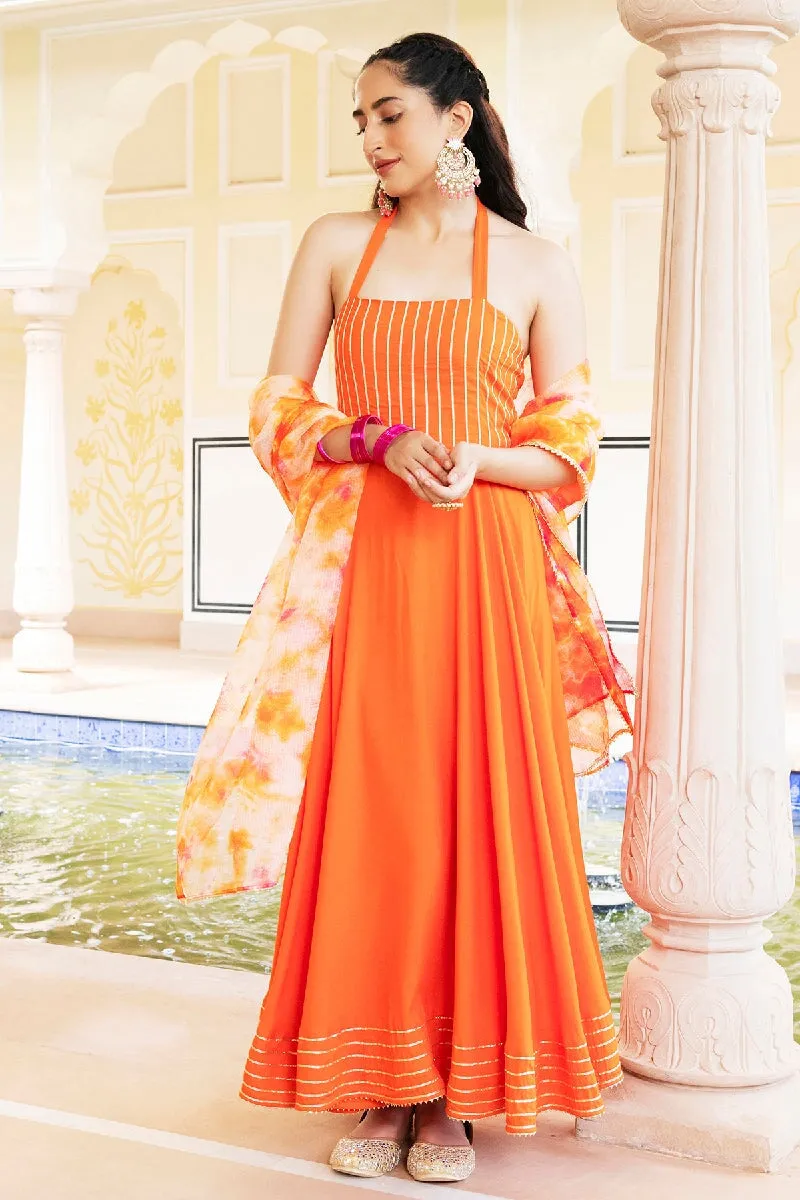 Pancy Orange Flared Kurta With Pant & Dupatta