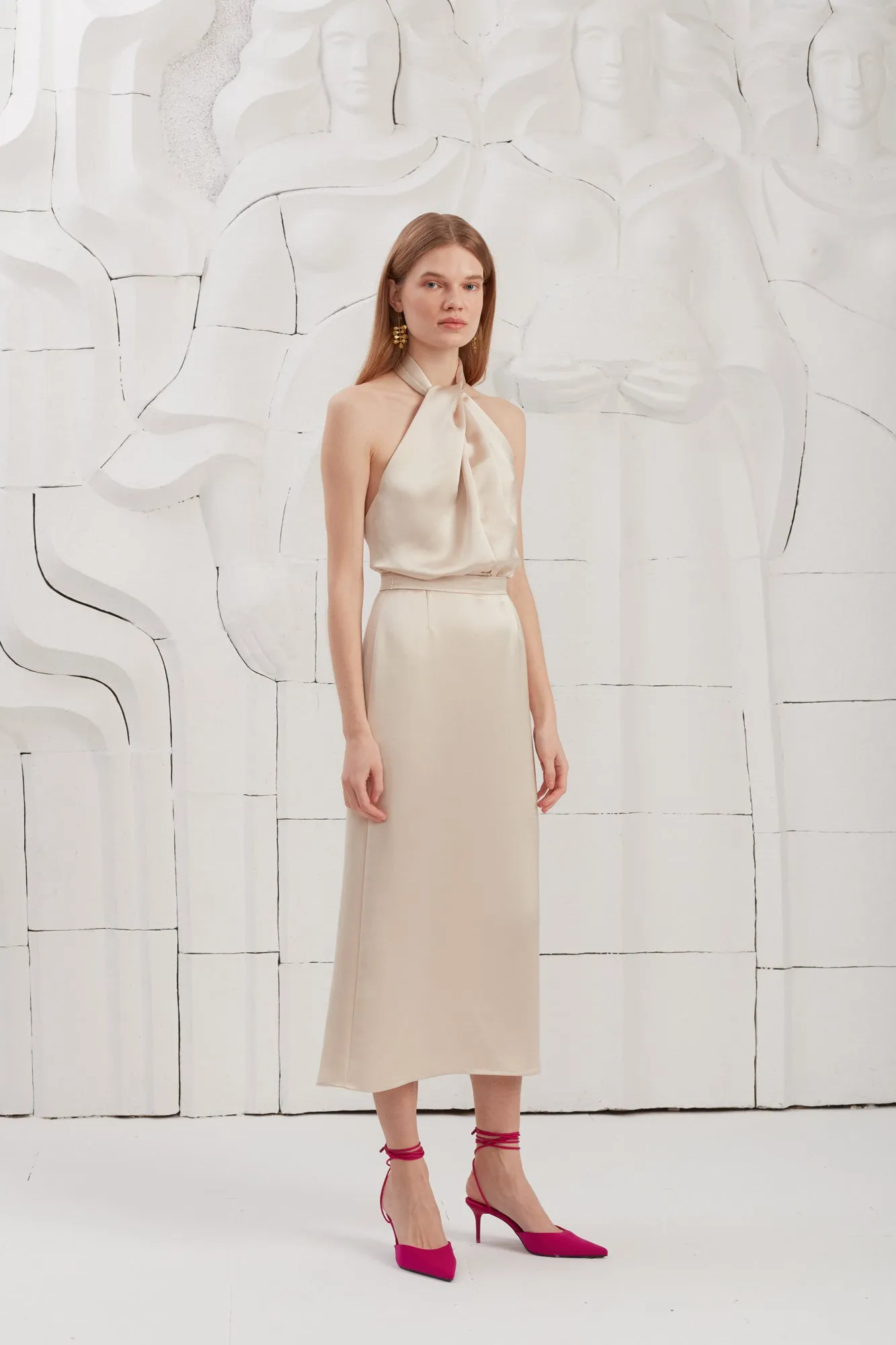 PAULA beige satin cocktail dress