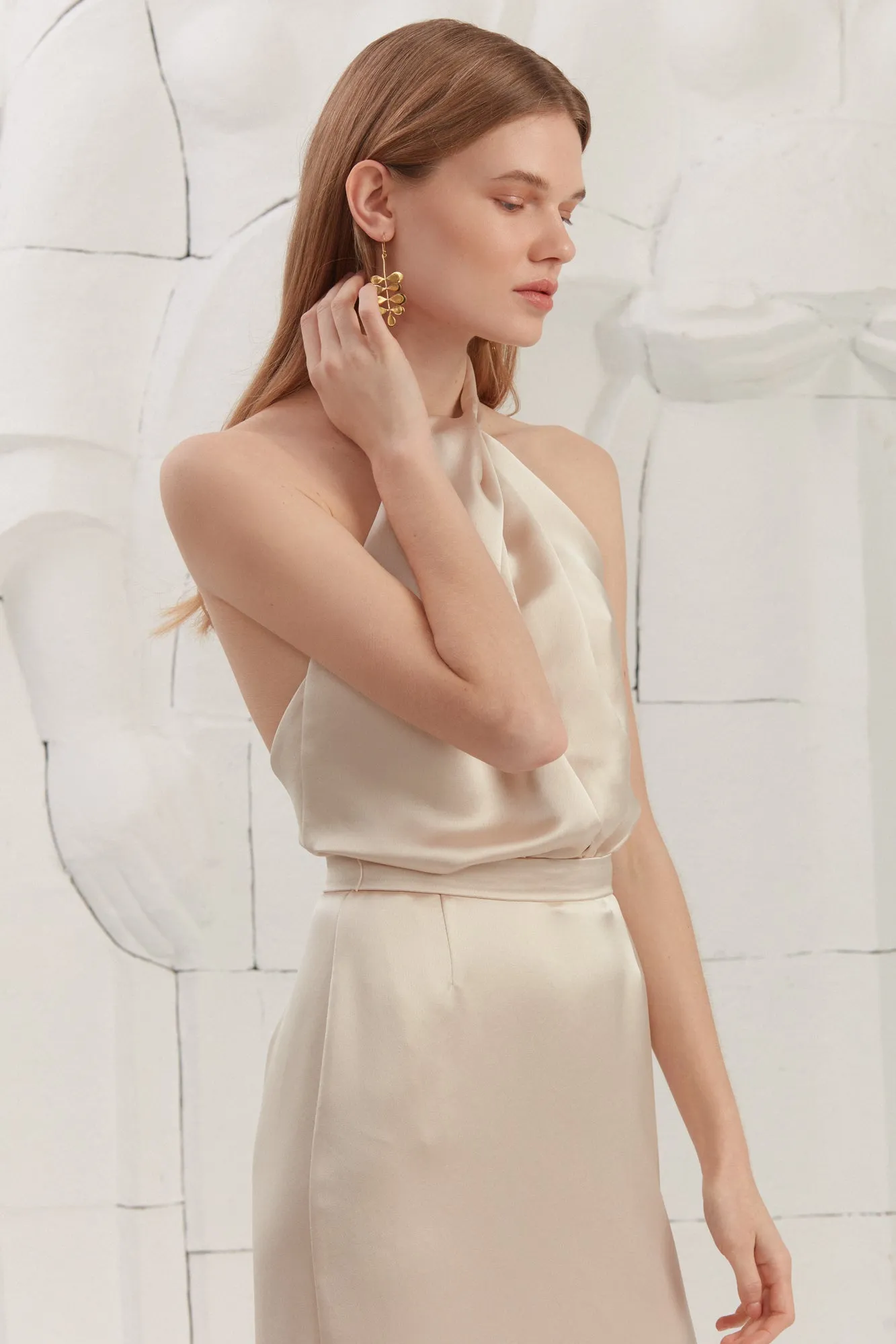 PAULA beige satin cocktail dress