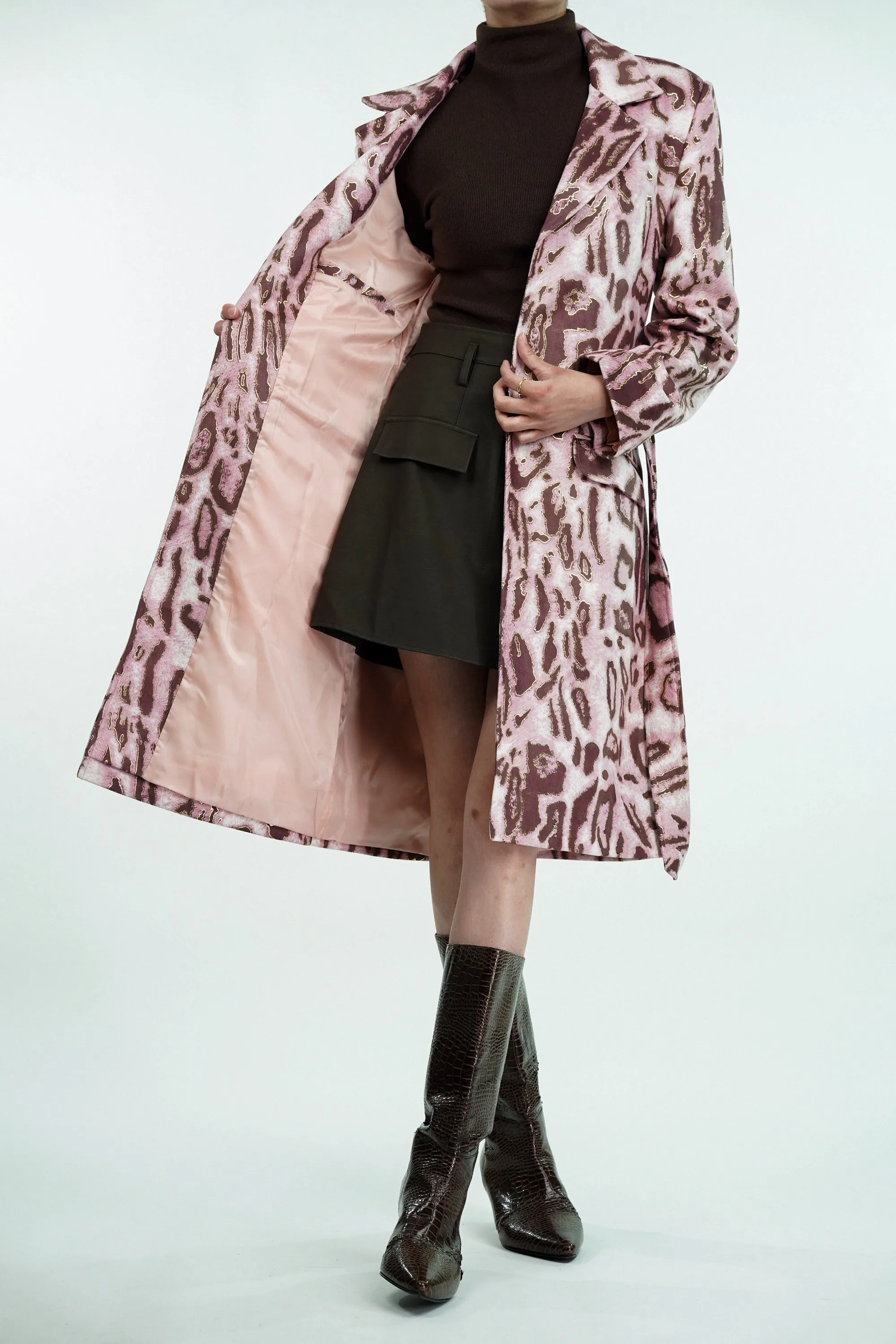 Pink Leopard Suede Trench Coat