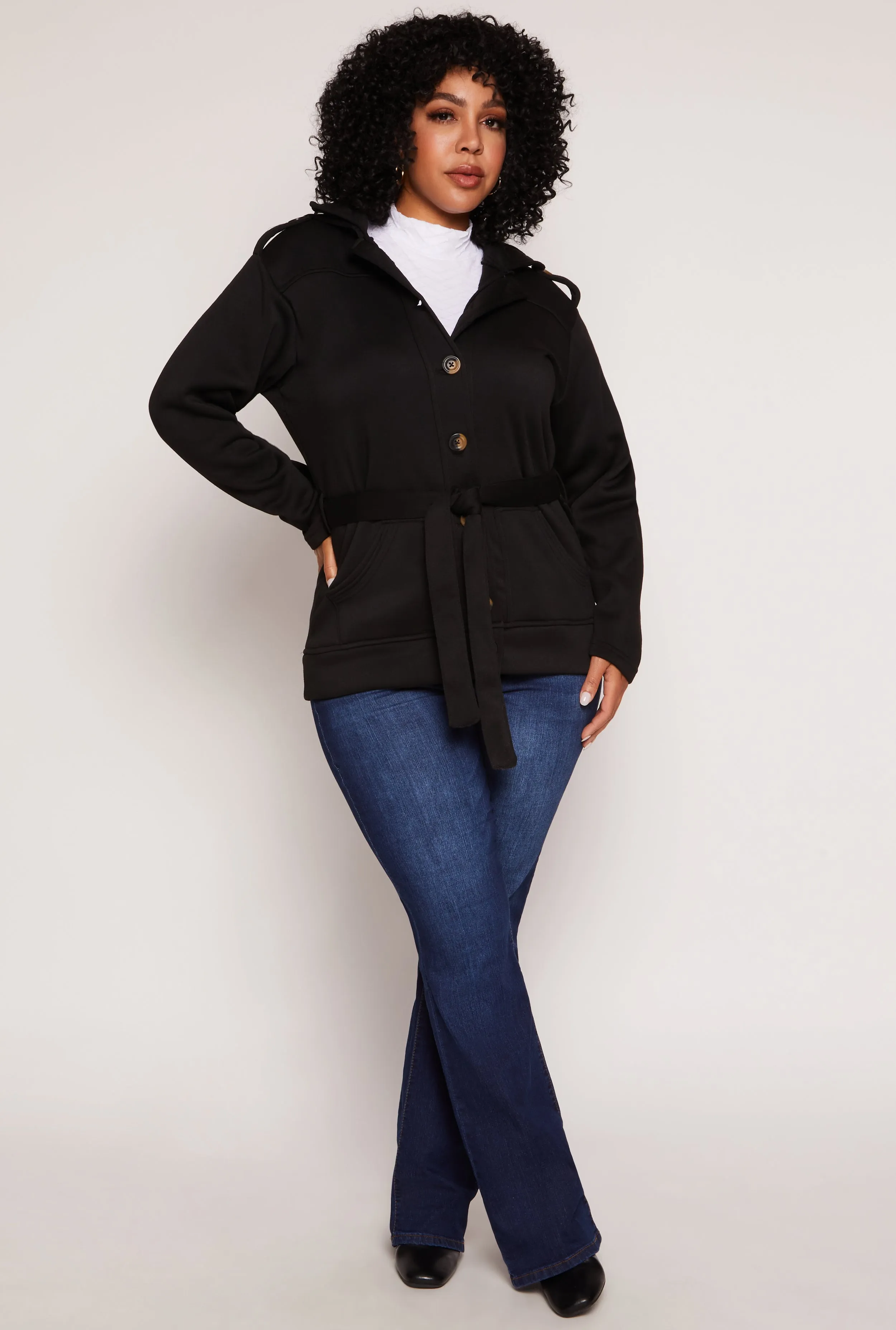 Plus Size Button Front Belted Peacoat