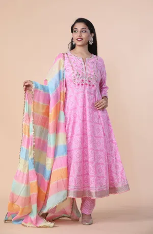 Premium Rayon Bandhani Print Anarkali Set With Gotta Patti Work And Cotton Dupatta