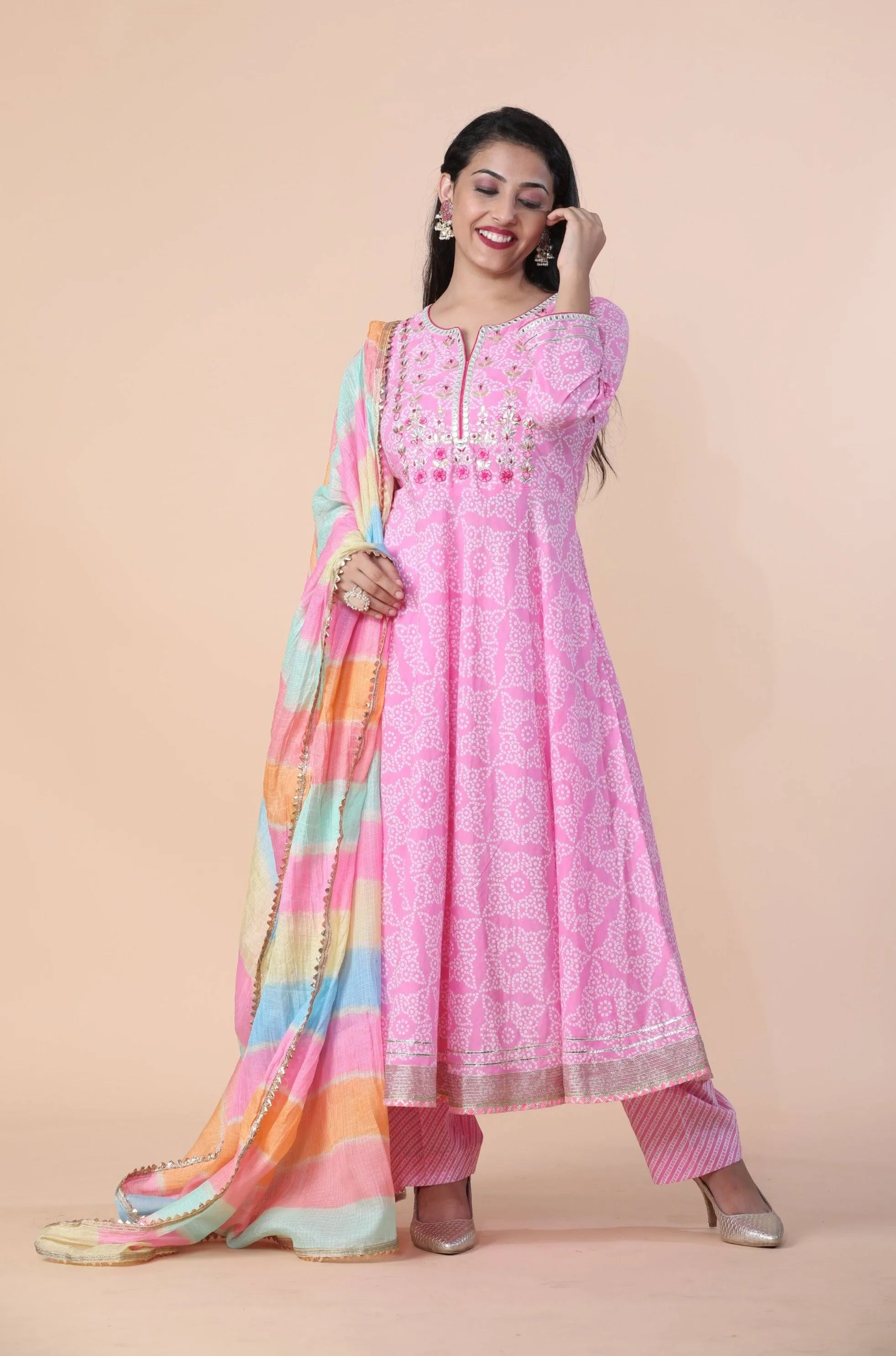 Premium Rayon Bandhani Print Anarkali Set With Gotta Patti Work And Cotton Dupatta