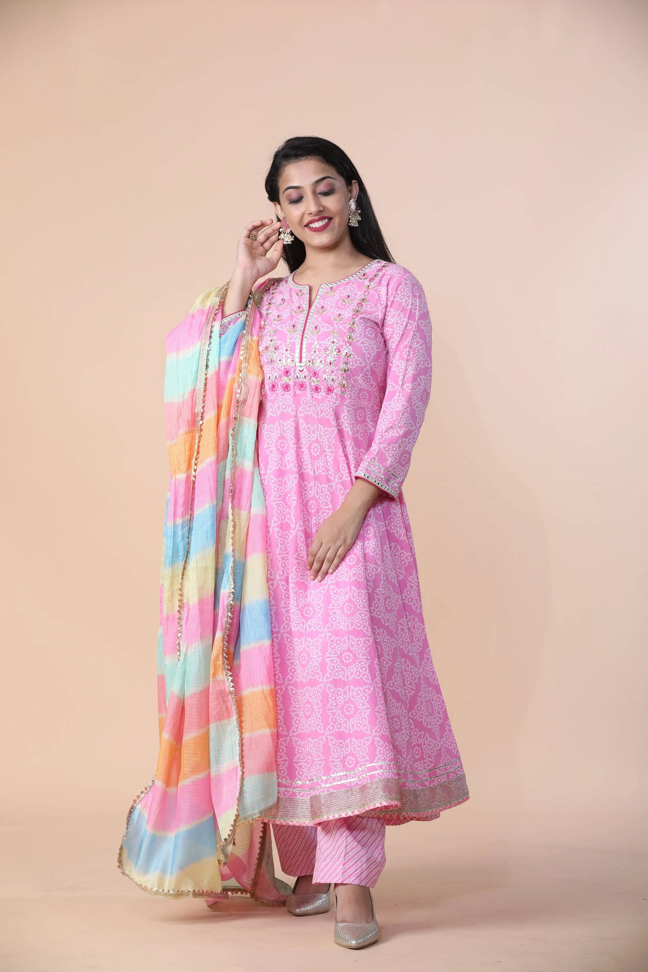 Premium Rayon Bandhani Print Anarkali Set With Gotta Patti Work And Cotton Dupatta