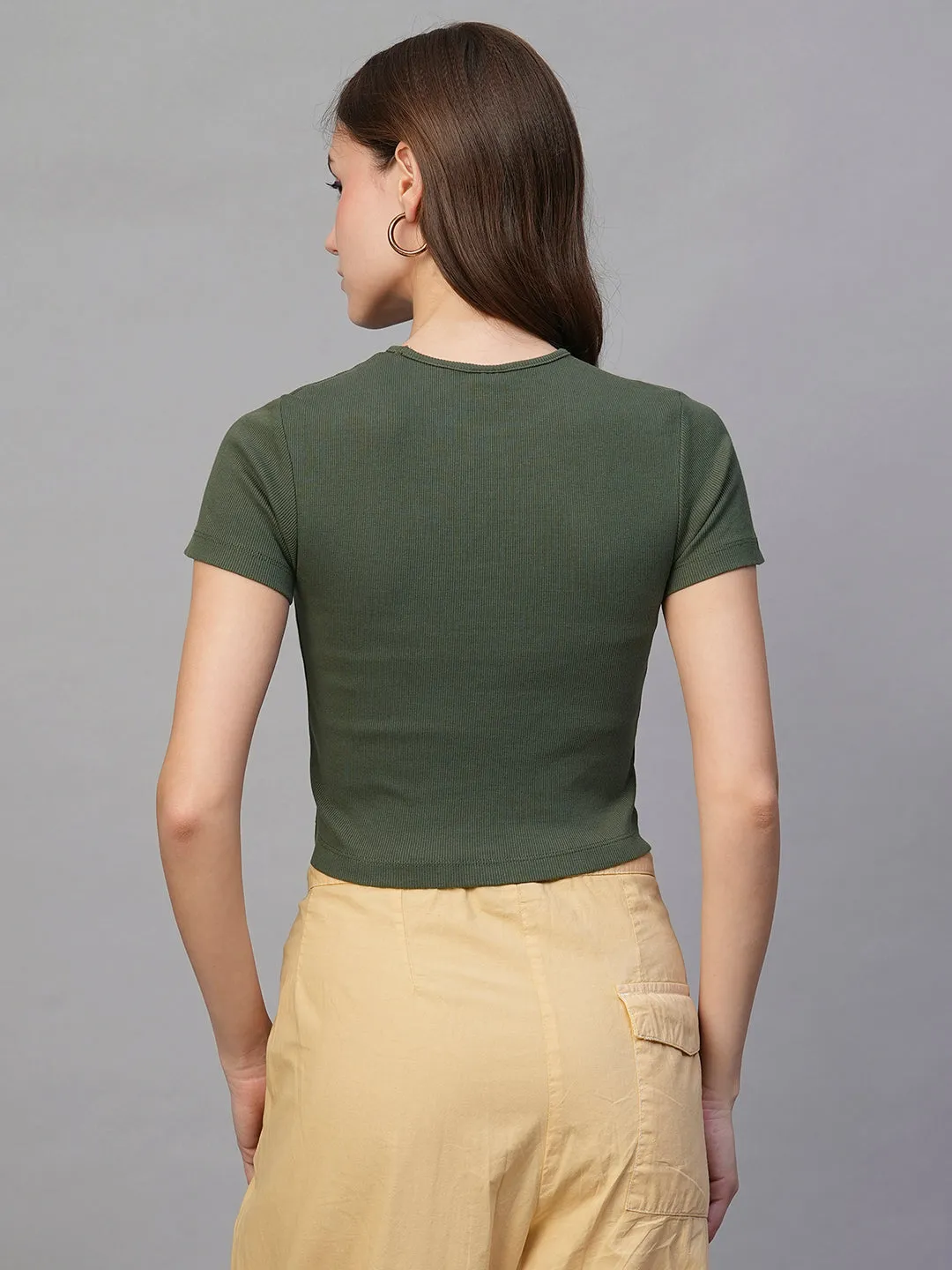 Pronk Ribbed Half Sleeve Crop Top - Olive Green