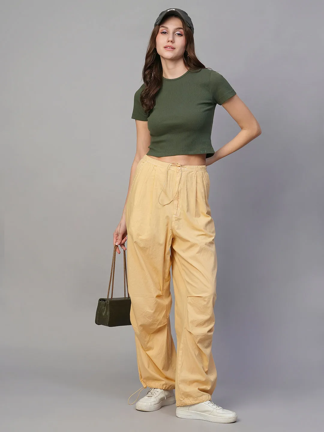 Pronk Ribbed Half Sleeve Crop Top - Olive Green