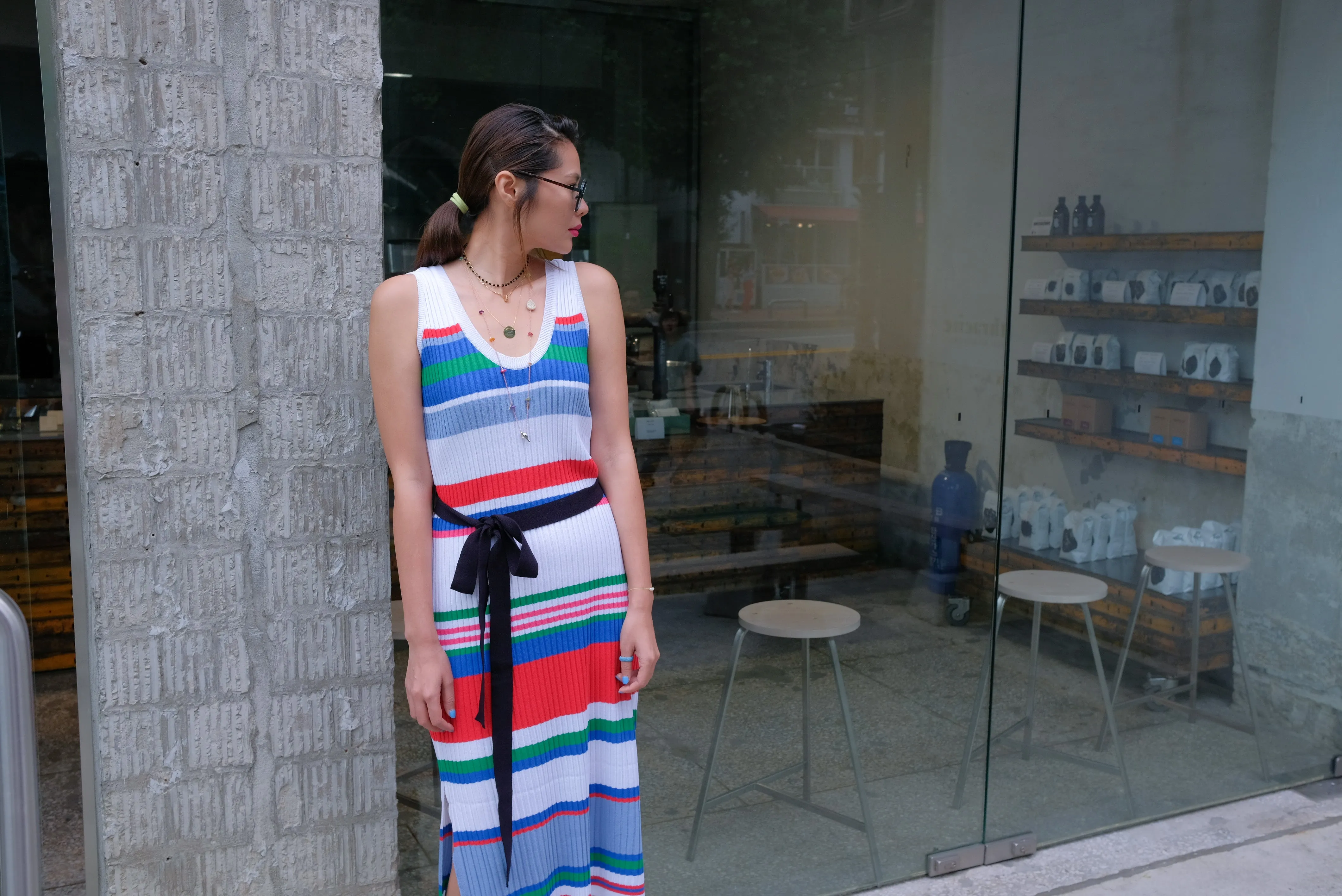 Rainbow Stripe Knit Dress with Belt