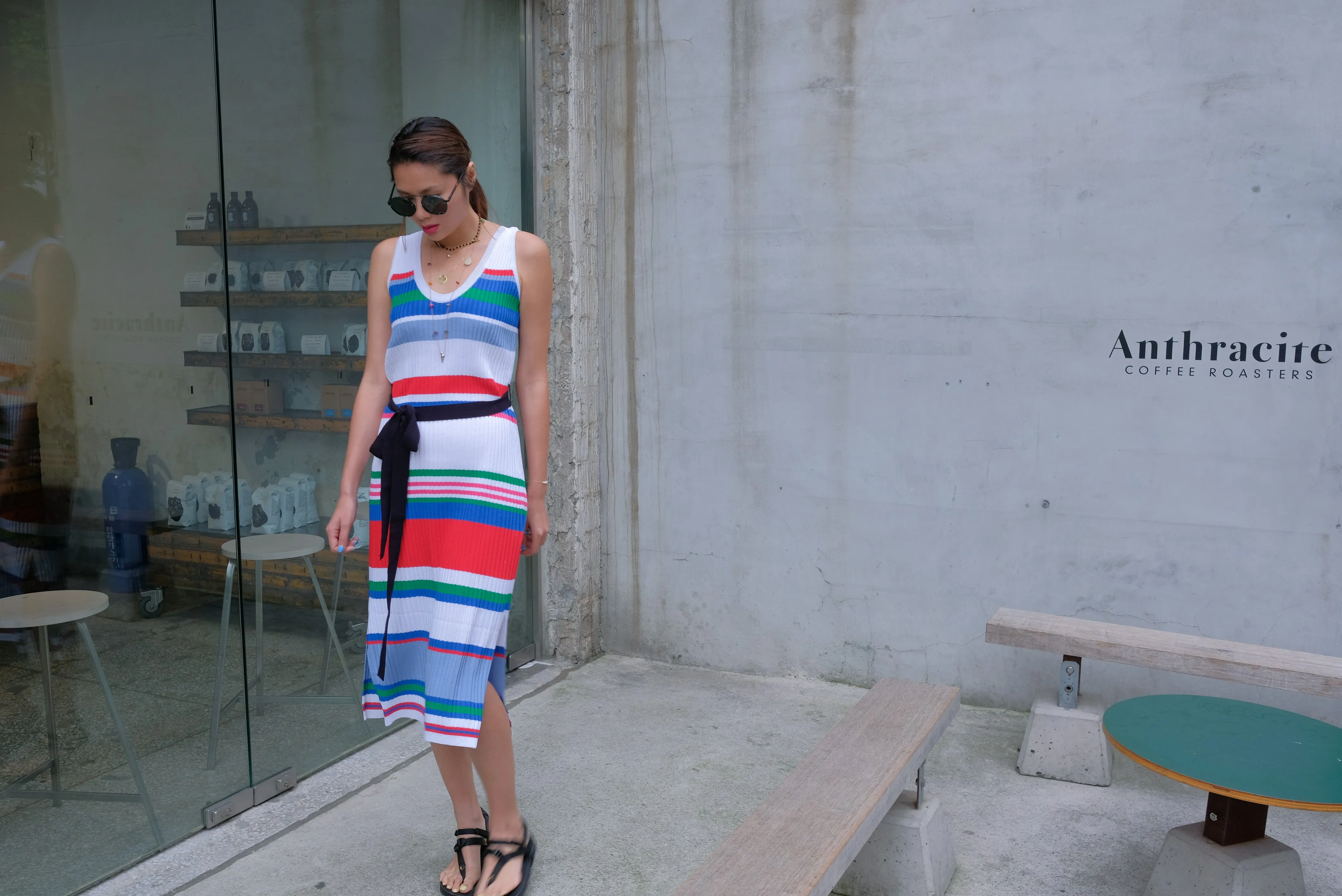 Rainbow Stripe Knit Dress with Belt