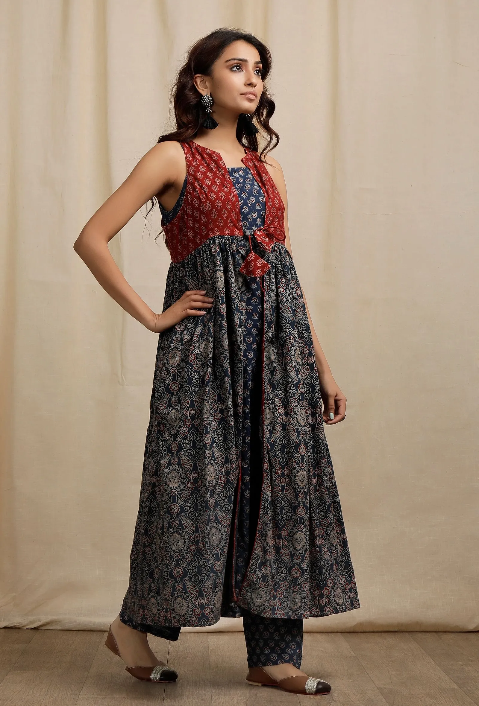 Red and Blue Ajrakh Print Gathered and Flared Overlay