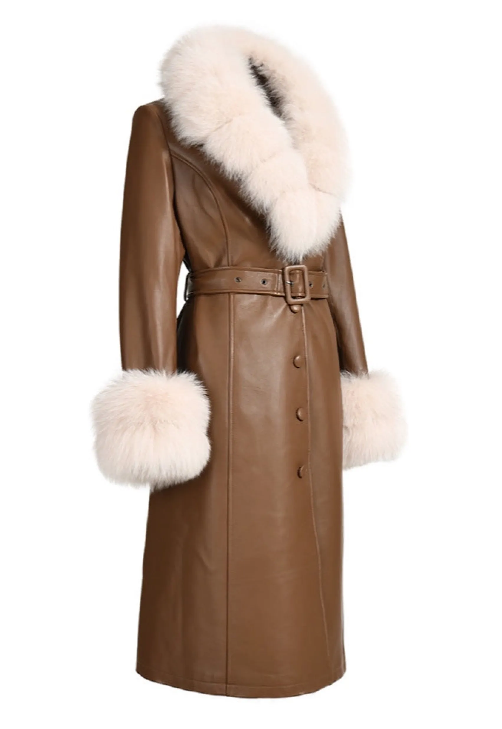 REEVA Brown Leather Trench Coat with Beige Fur