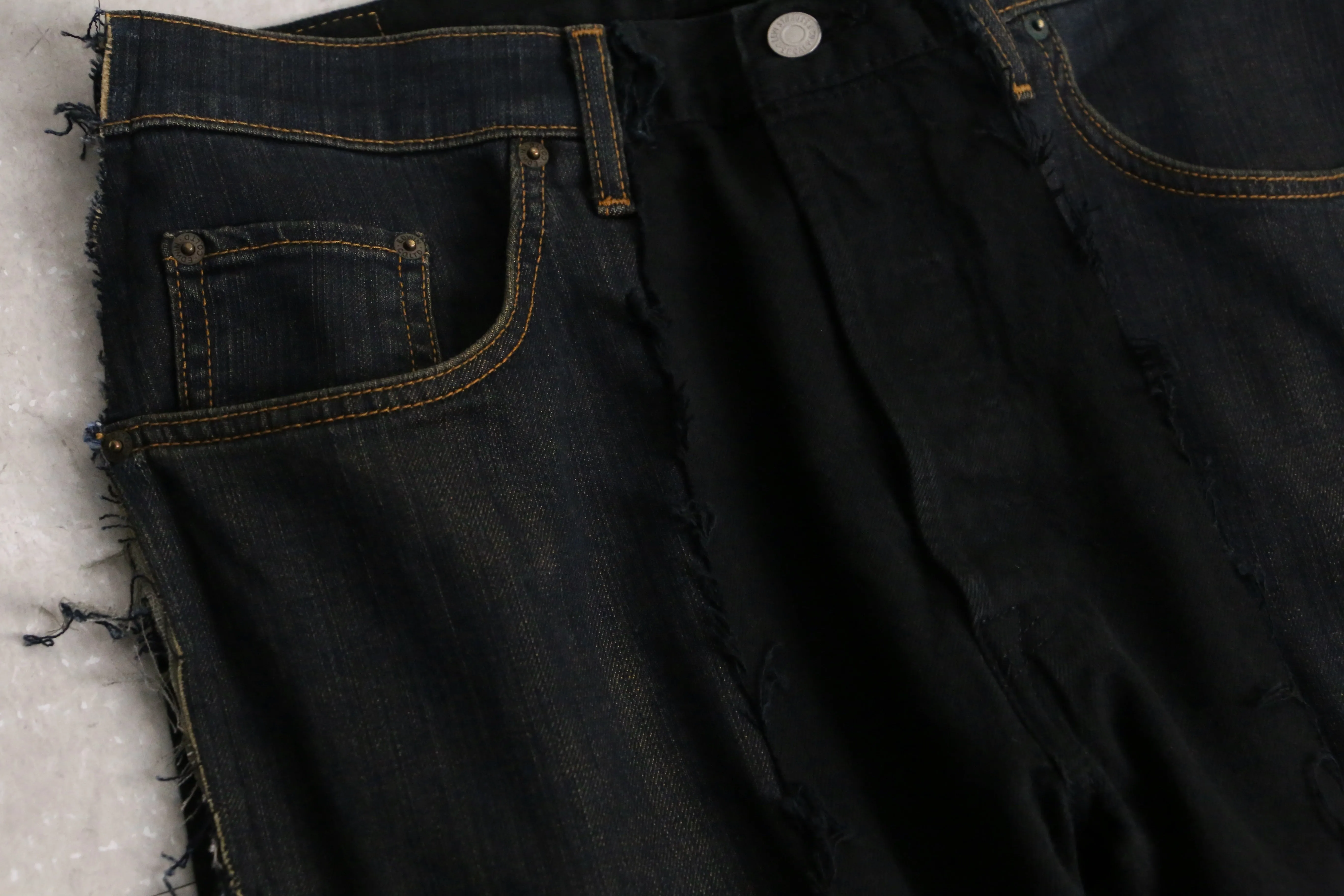 remake "再構築" black belt loop design flare denim pants