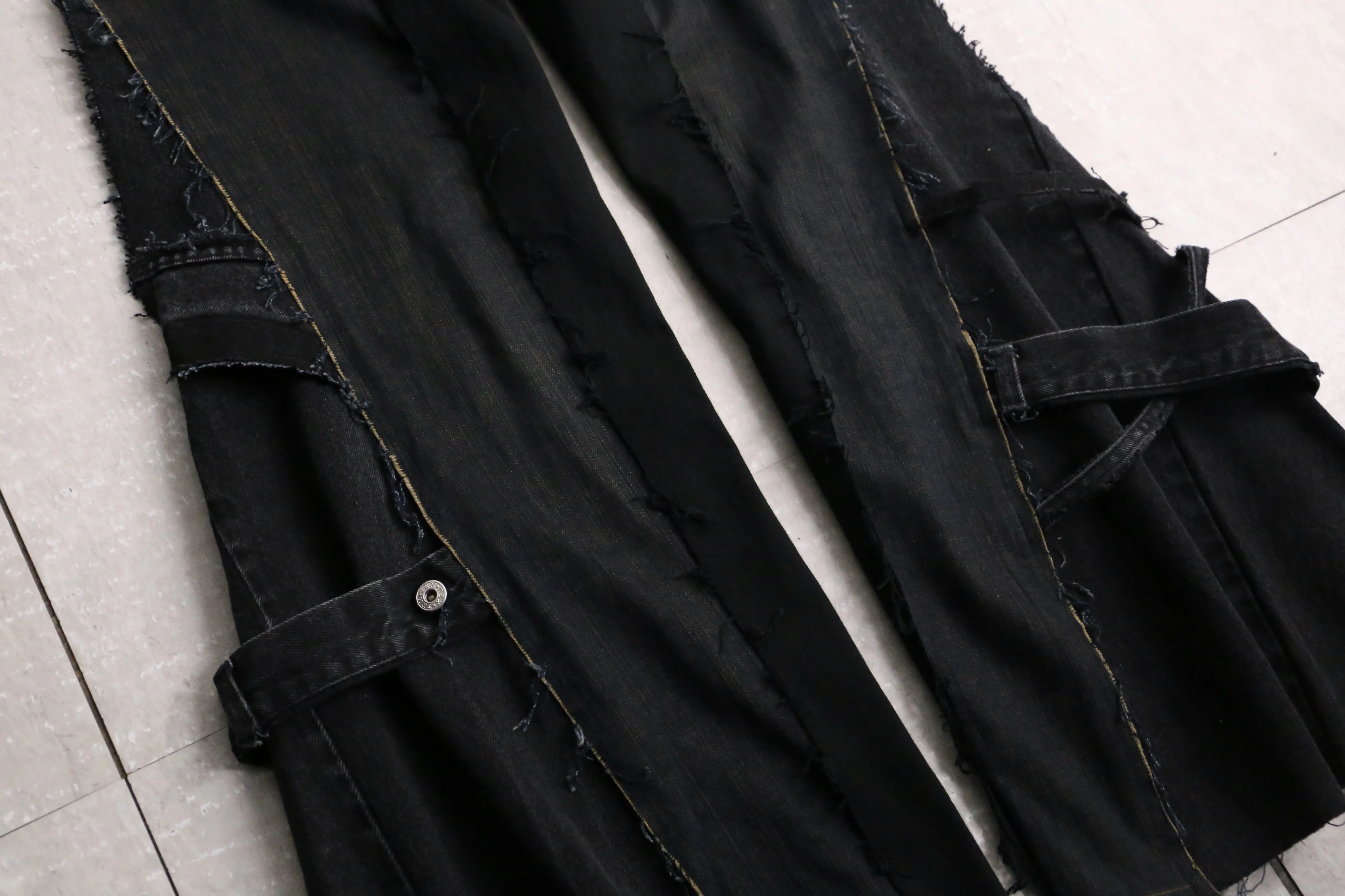 remake "再構築" black belt loop design flare denim pants