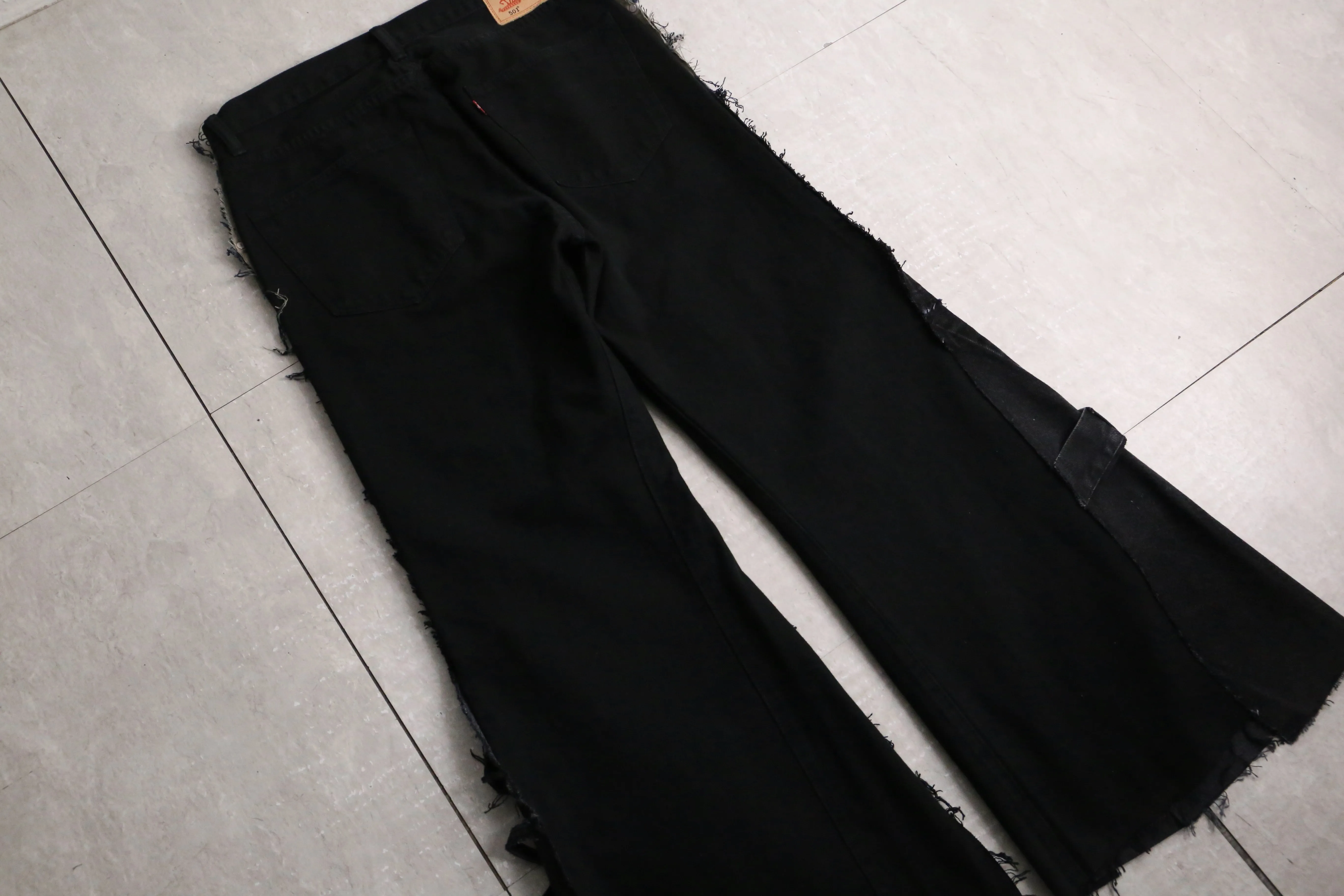 remake "再構築" black belt loop design flare denim pants