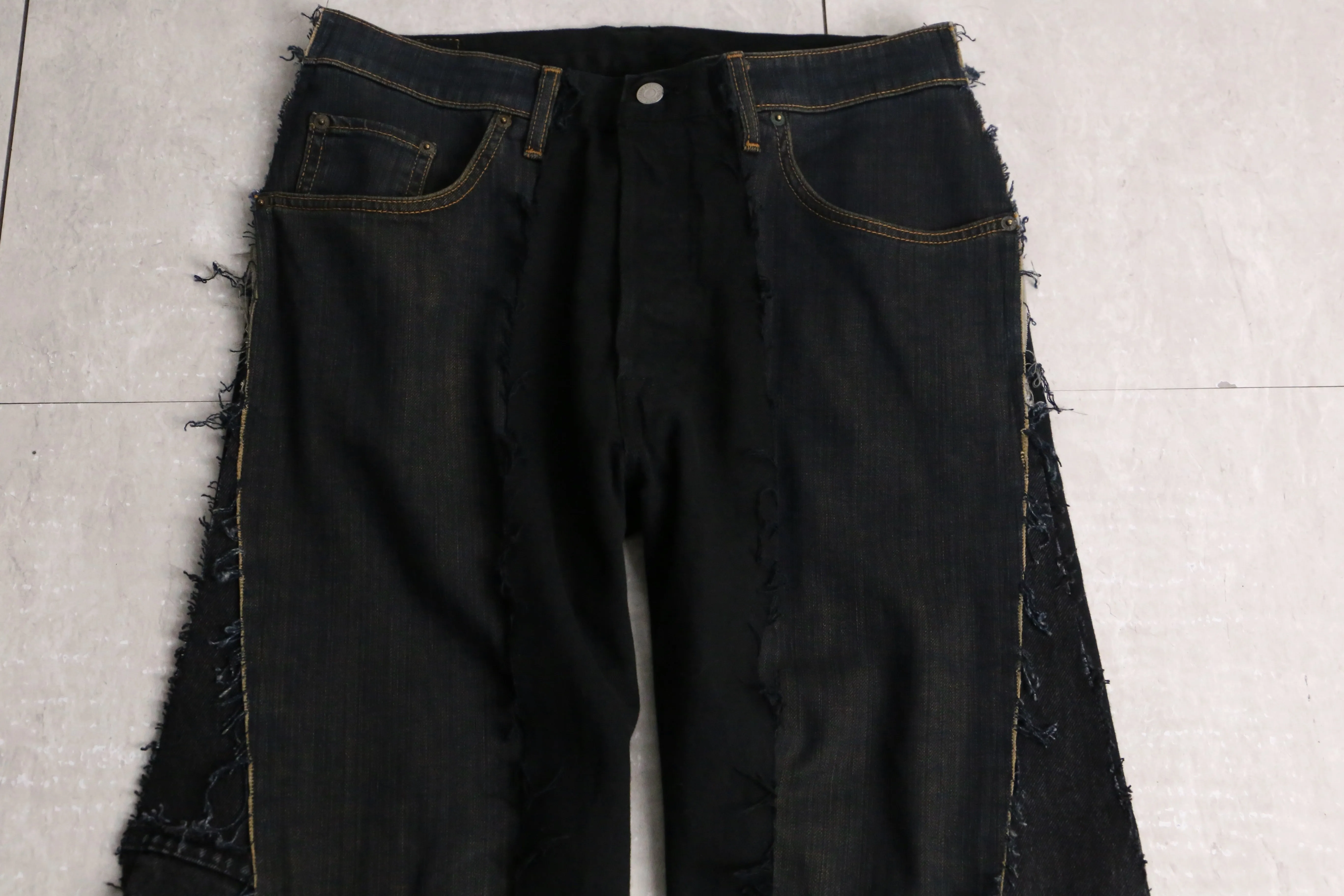 remake "再構築" black belt loop design flare denim pants