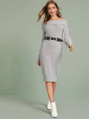 Ribbed Knit Bardot Fitted Midi Jumper Dress