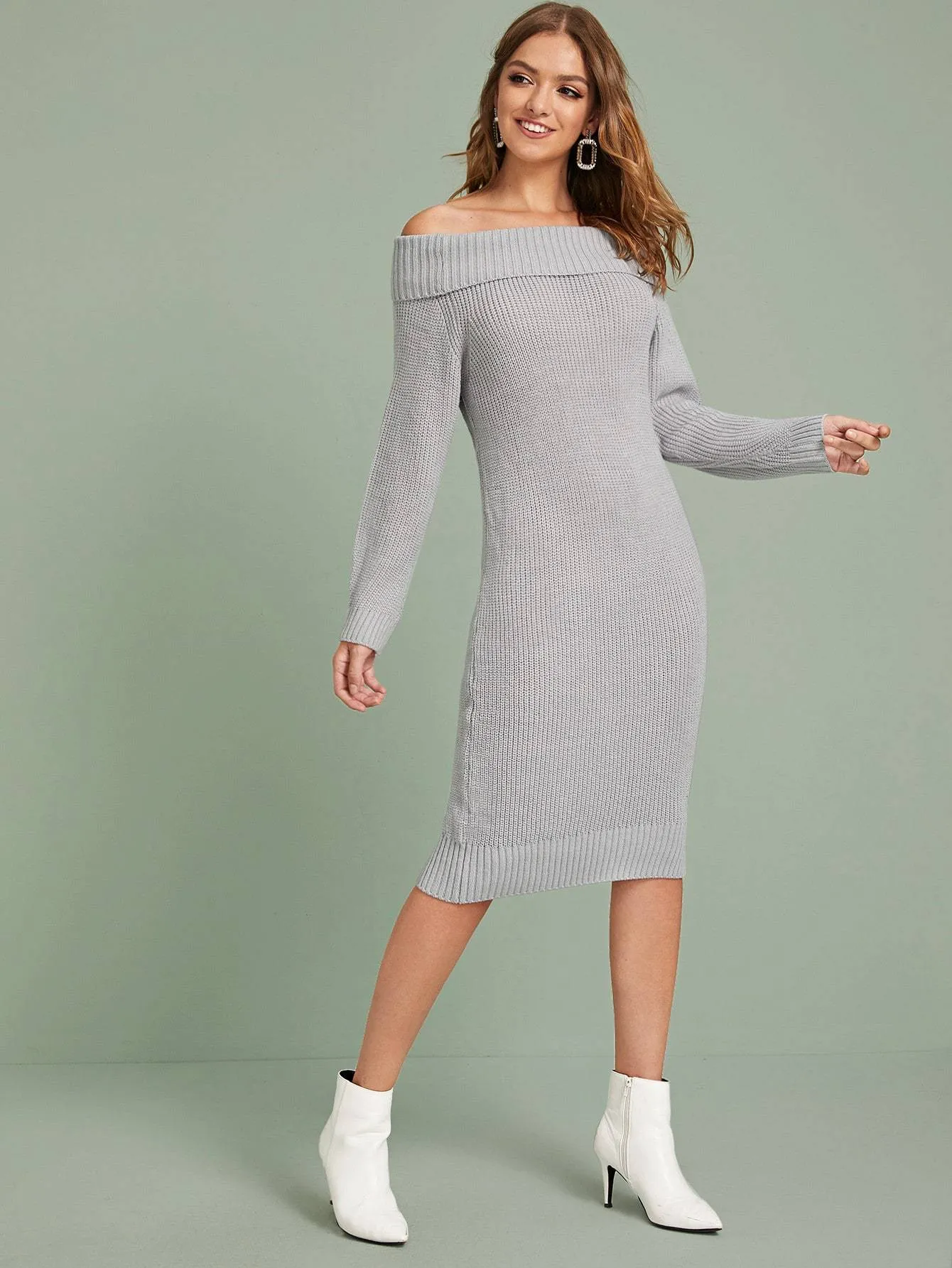 Ribbed Knit Bardot Fitted Midi Jumper Dress