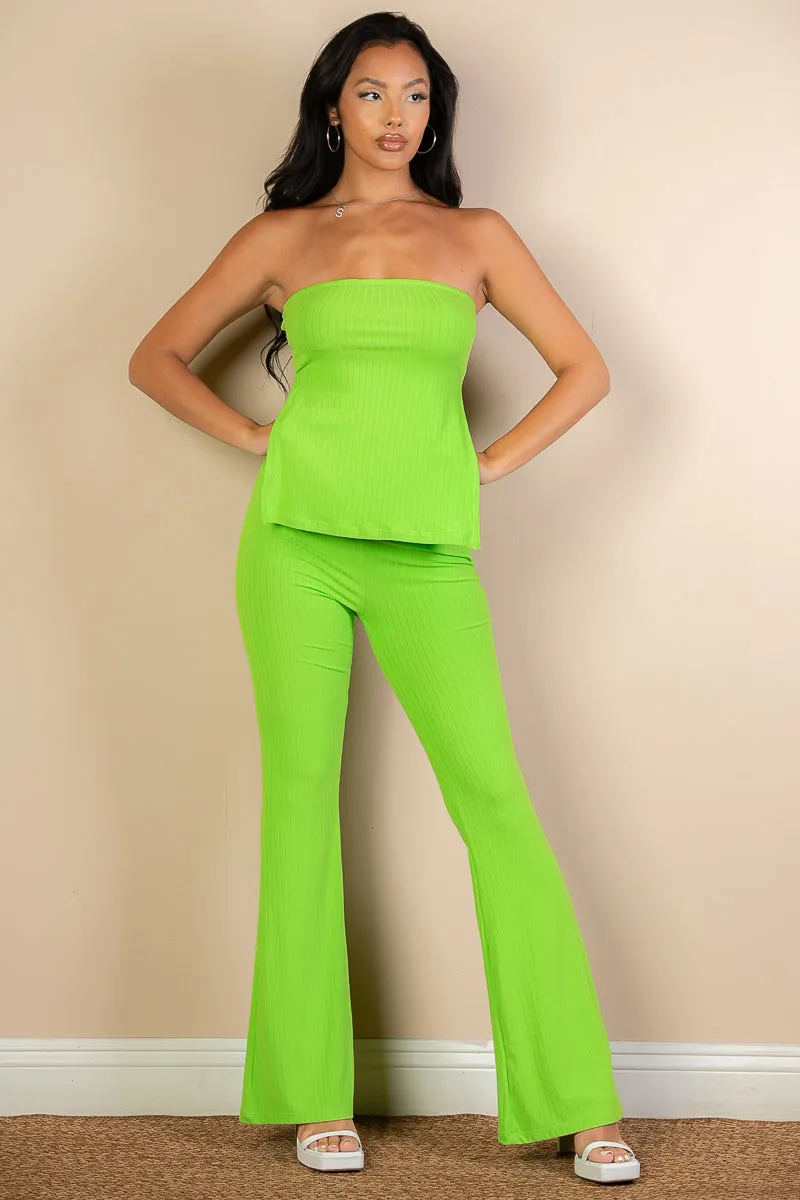 Ribbed Side Slit Bandeau Top & Flare Pants Set (CAPELLA)