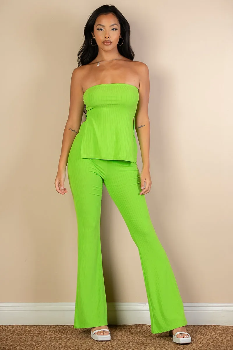 Ribbed Side Slit Bandeau Top & Flare Pants Set (CAPELLA)