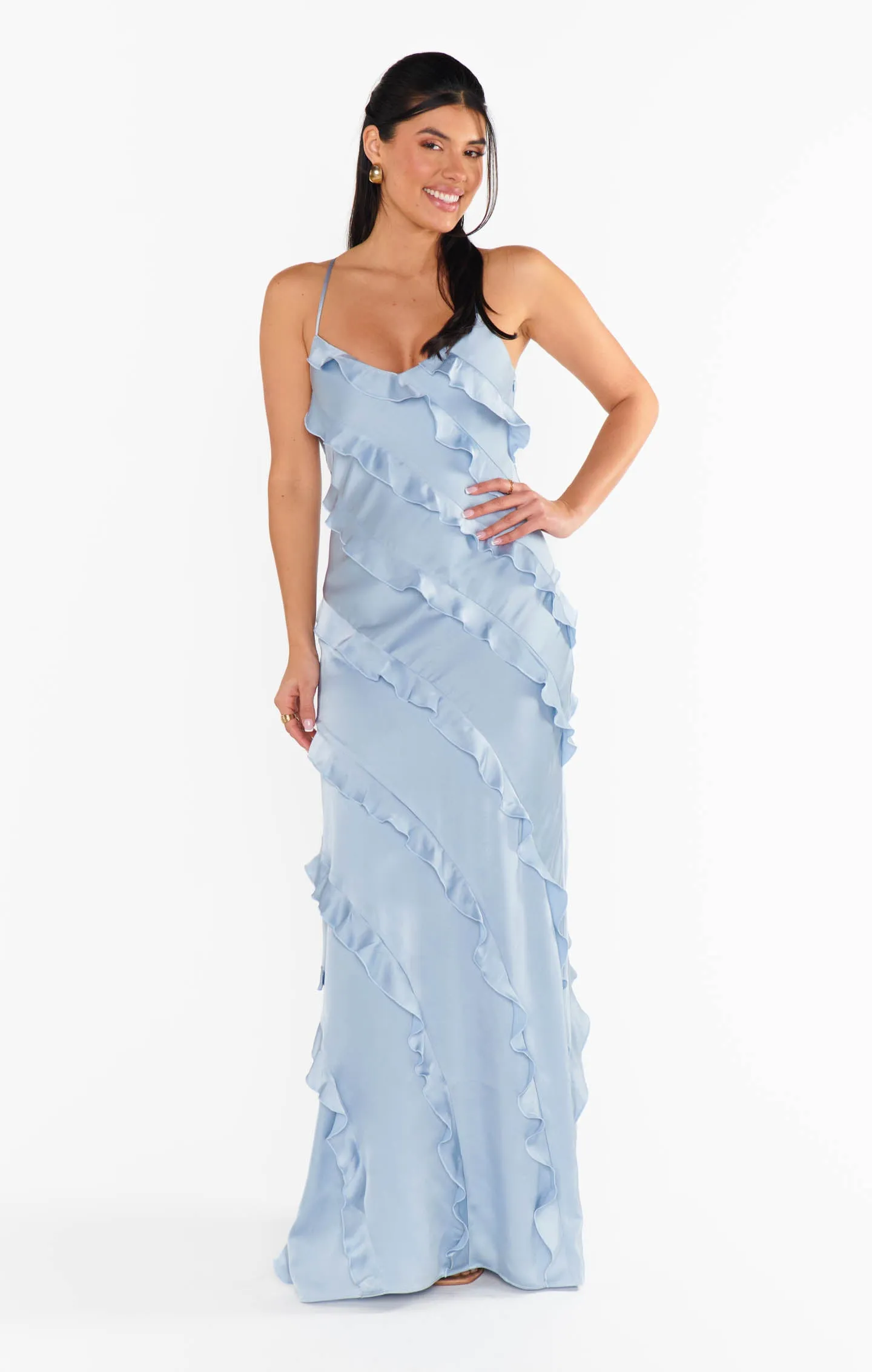 Romance Ruffle Dress ~ Steel Blue Luxe Satin