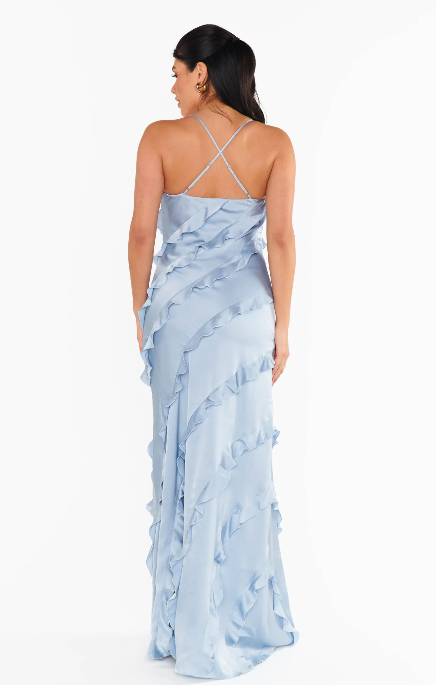 Romance Ruffle Dress ~ Steel Blue Luxe Satin