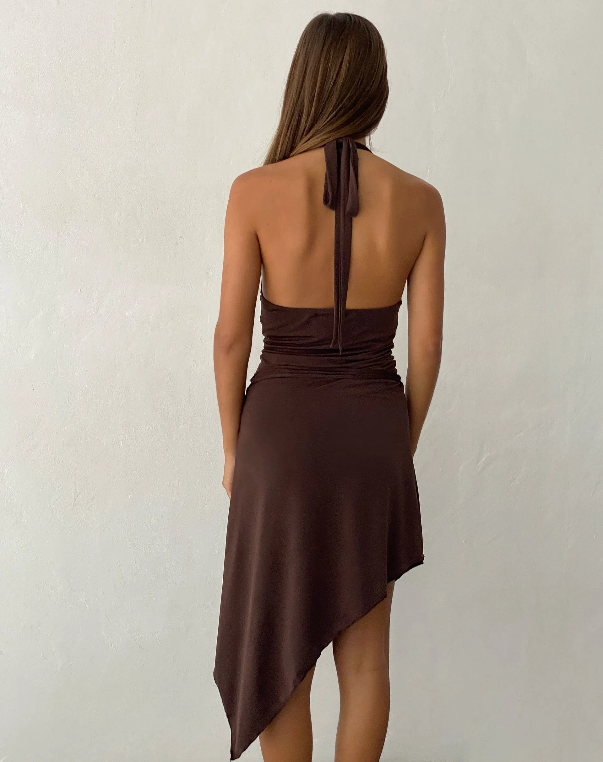 Ruebelle Halterneck Asymmetric Midi Dress in Mocca