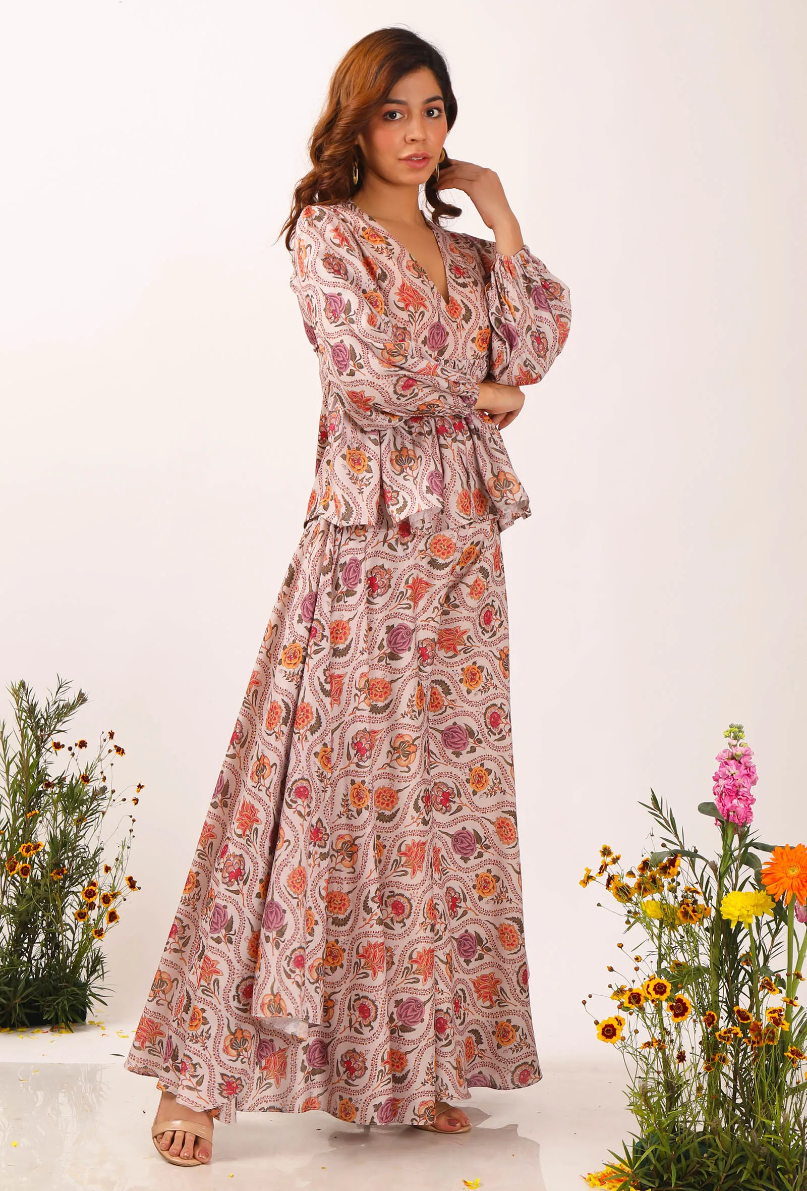 Set Of 2: Airi Floral Chintz Flared Top With Assymetrical Flared Palazzo Pants