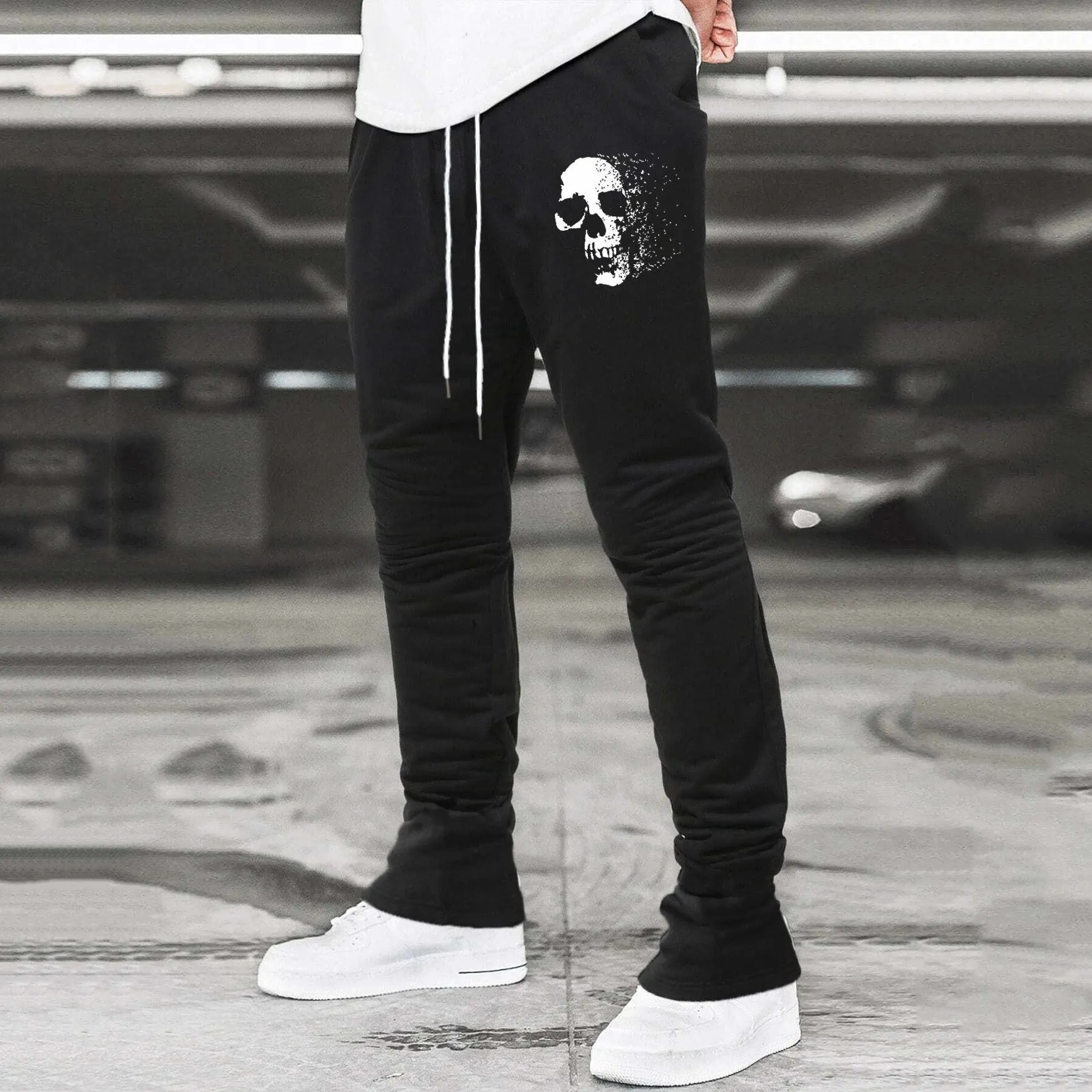 Skull Print Drawstring Flared Trousers