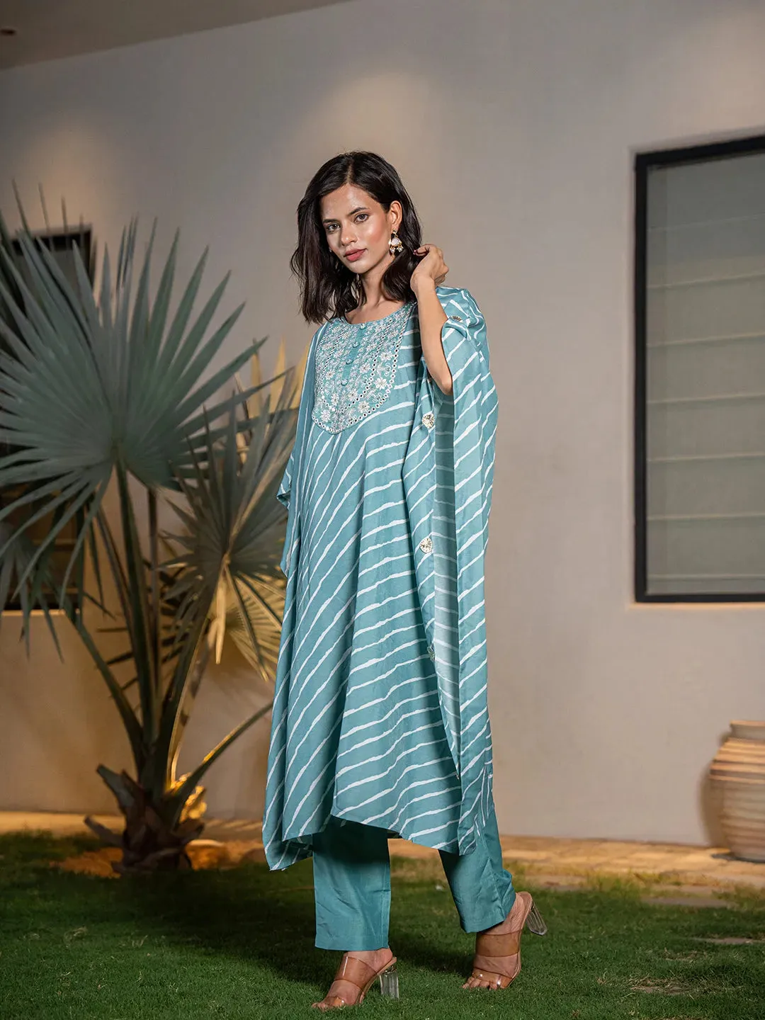 Sky Blue Silk Blend Thread Work Embroidery & Leheriya Print Kaftan Style Kurta Trouser Set