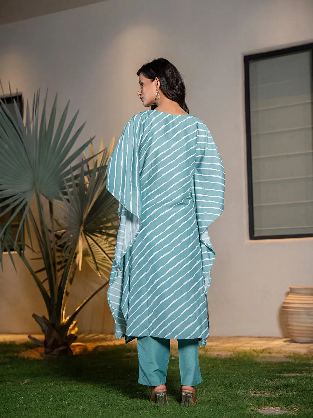 Sky Blue Silk Blend Thread Work Embroidery & Leheriya Print Kaftan Style Kurta Trouser Set