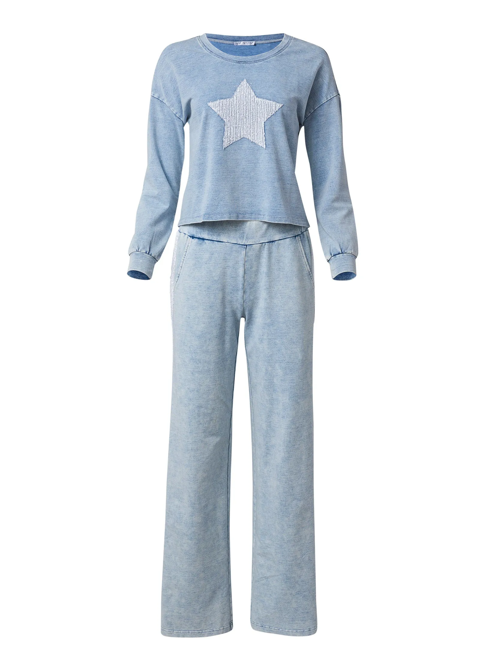 Stone Wash Sequin Pant Set - Blue & White