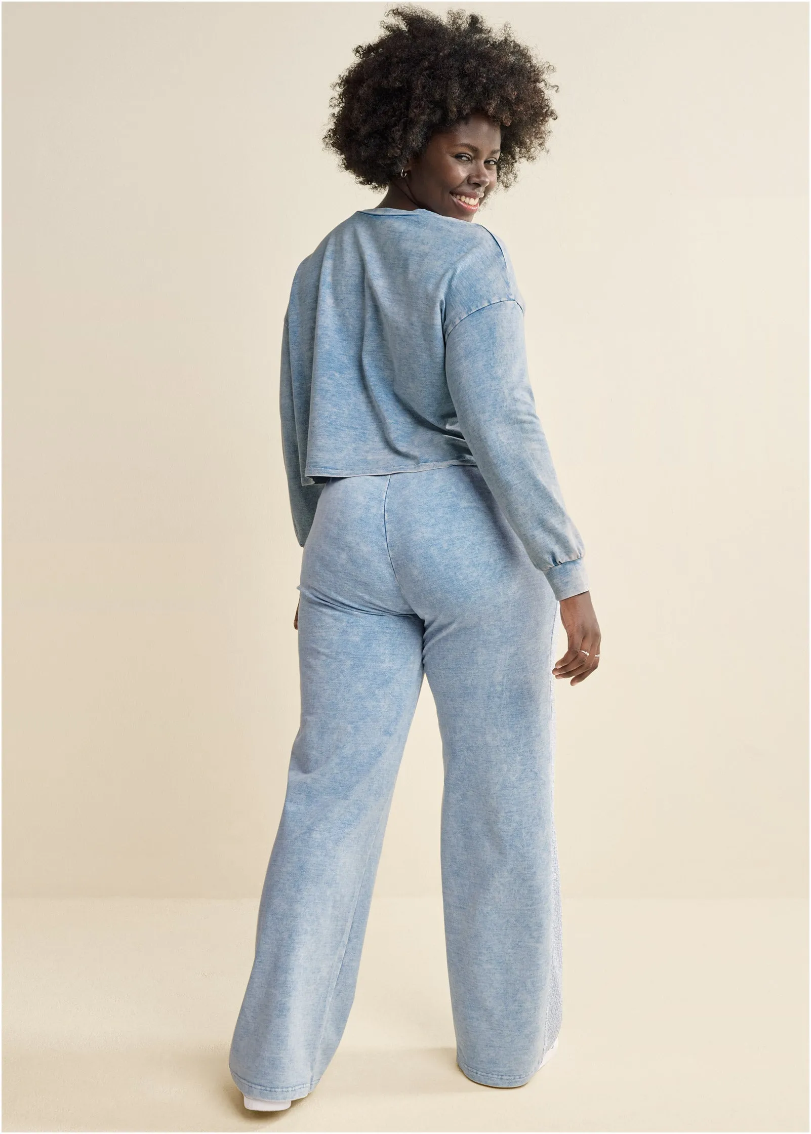 Stone Wash Sequin Pant Set - Blue & White