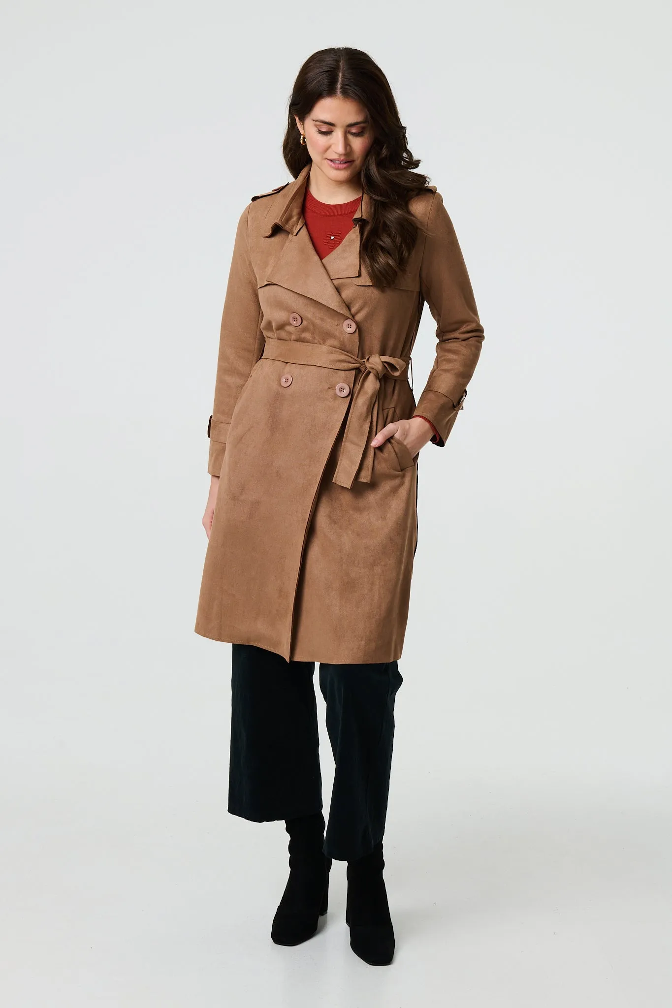 Suede Tie Waist Button Front Trench Coat